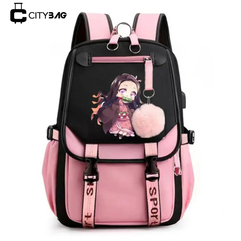 Mochila Escolar Feminina do Anime Demon Slayer Nezuko - Com Entrada de Fone de Ouvido e USB